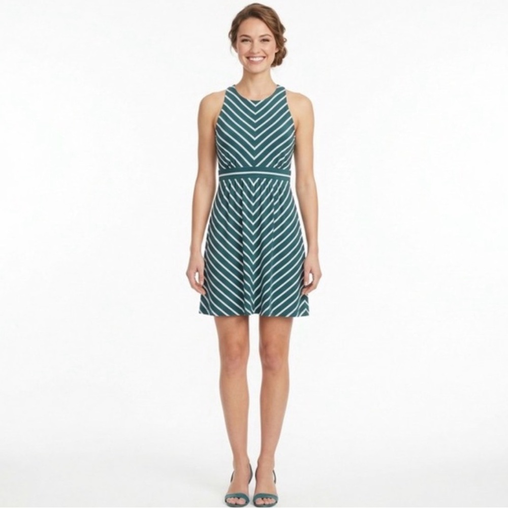 LOFT GREEN AND WHITE STRIPED SLEEVELESS DRESS SIZE XS